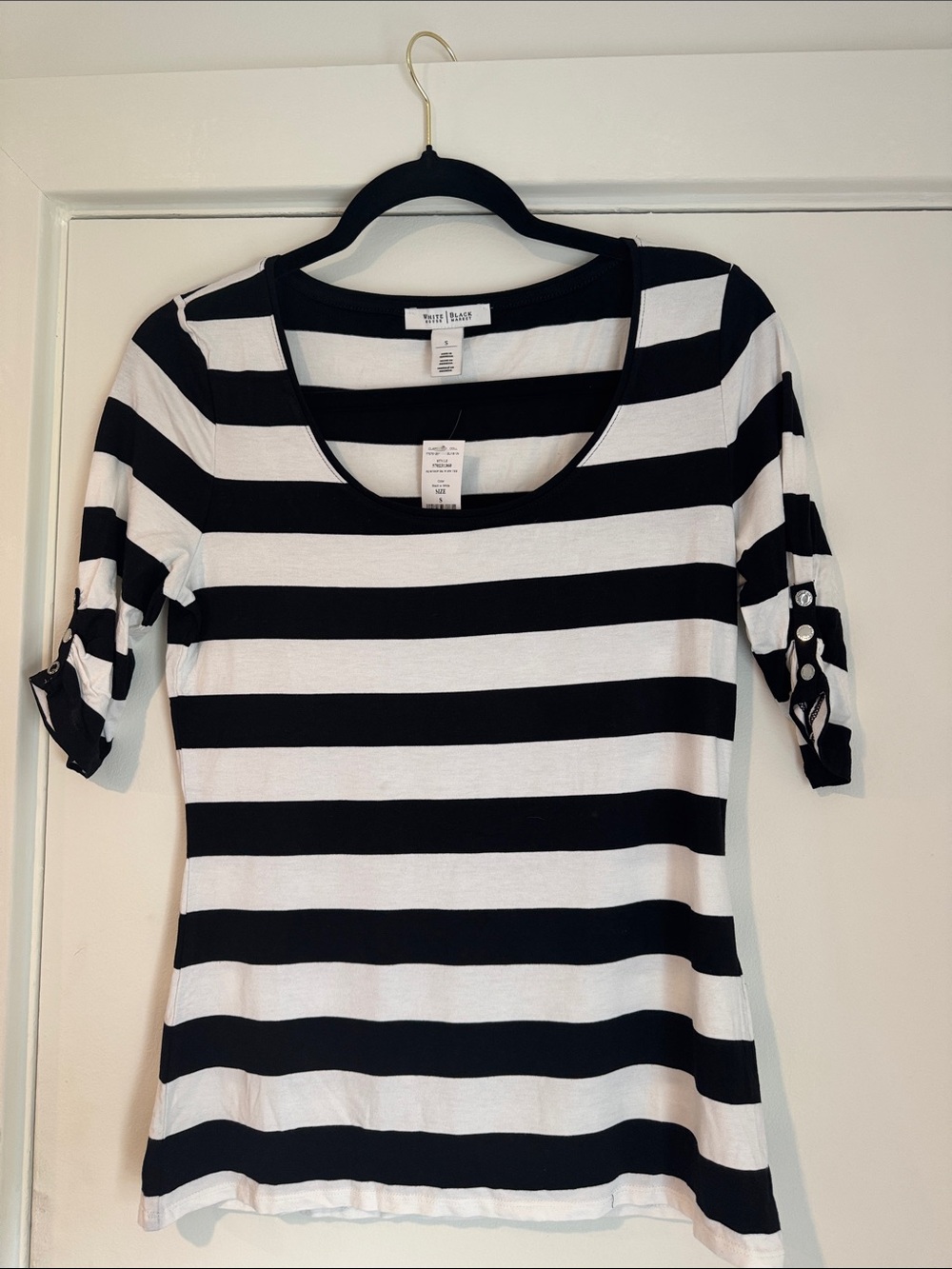 White House Black Market Black and White Striped Scoop Neck Tee